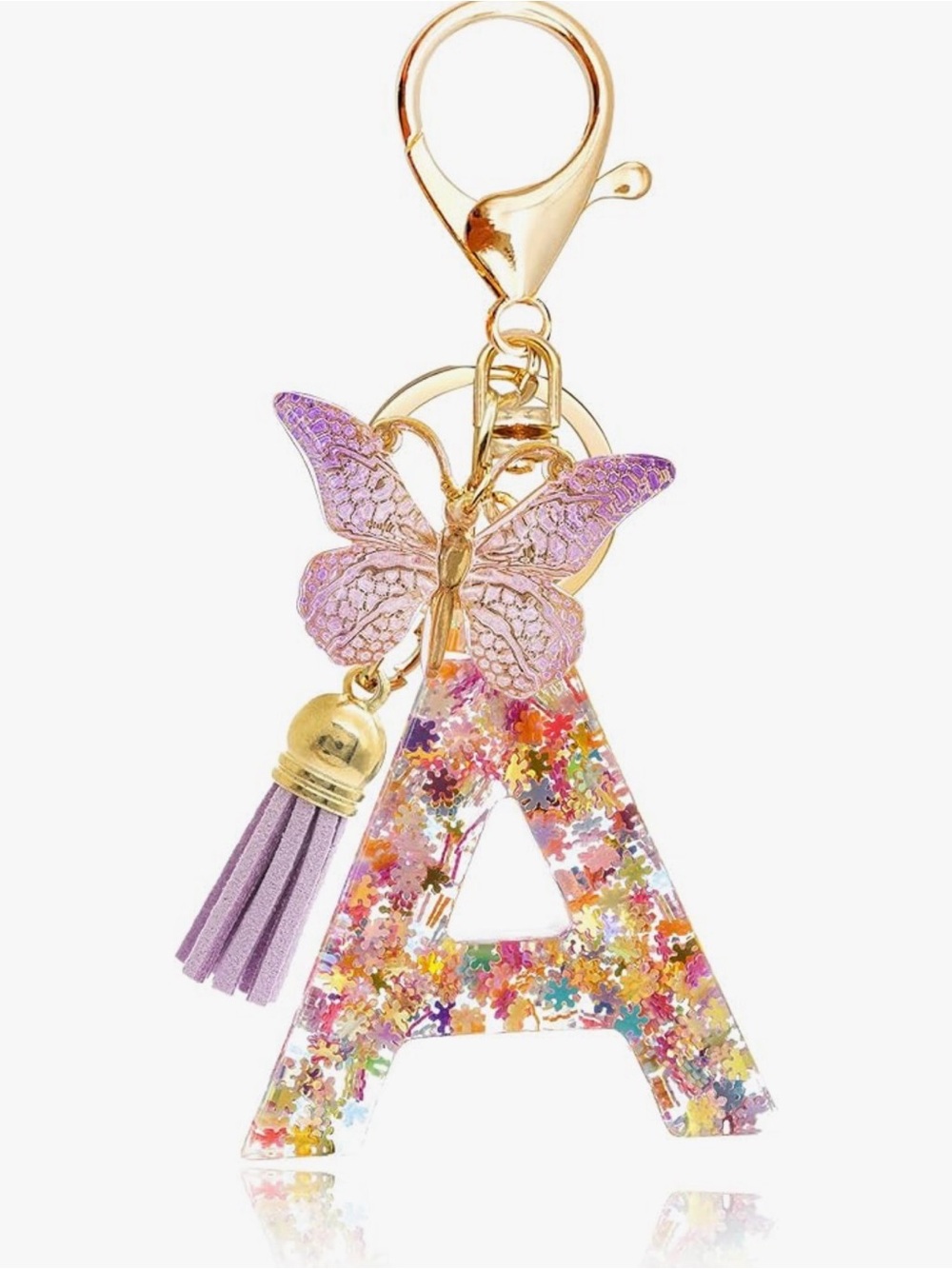 Gold-Plated Initial 'A' Keychain with Purple Butterfly and Tassel